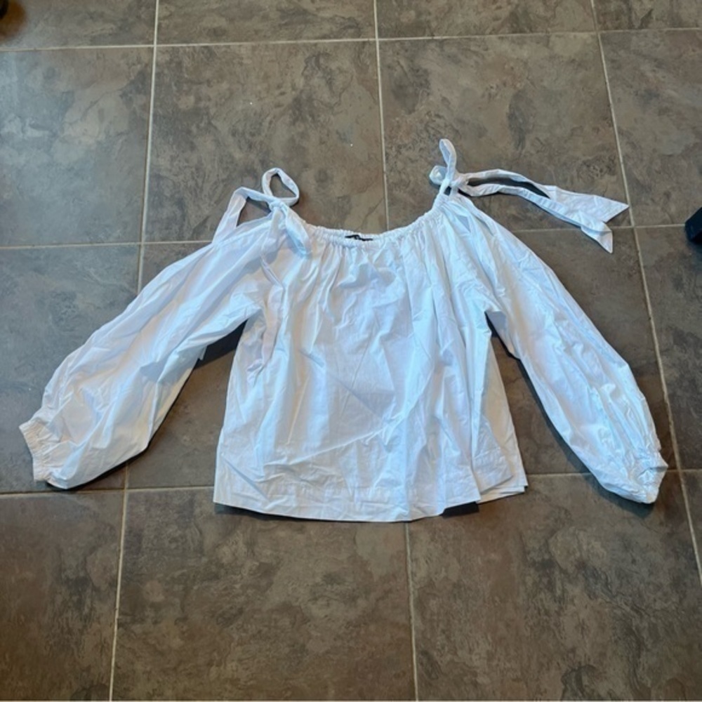 Haute Rogue White Cotton Off Shoulder Tie Strap Puff Sleeve Blouse Size Small - Picture 3 of 10